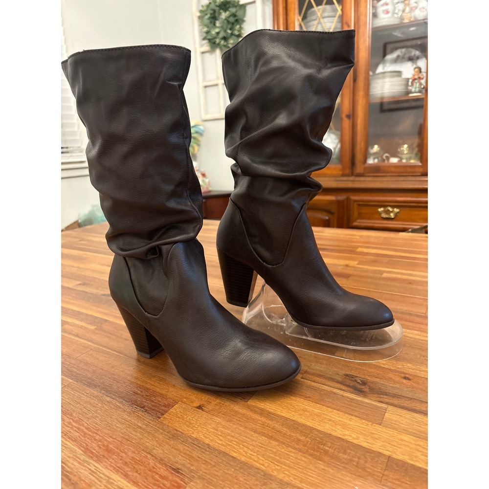 Rampage Elia Slouch Boots Womens 7.5 Dark Brown Excellent Block Heel Mid-Calf
